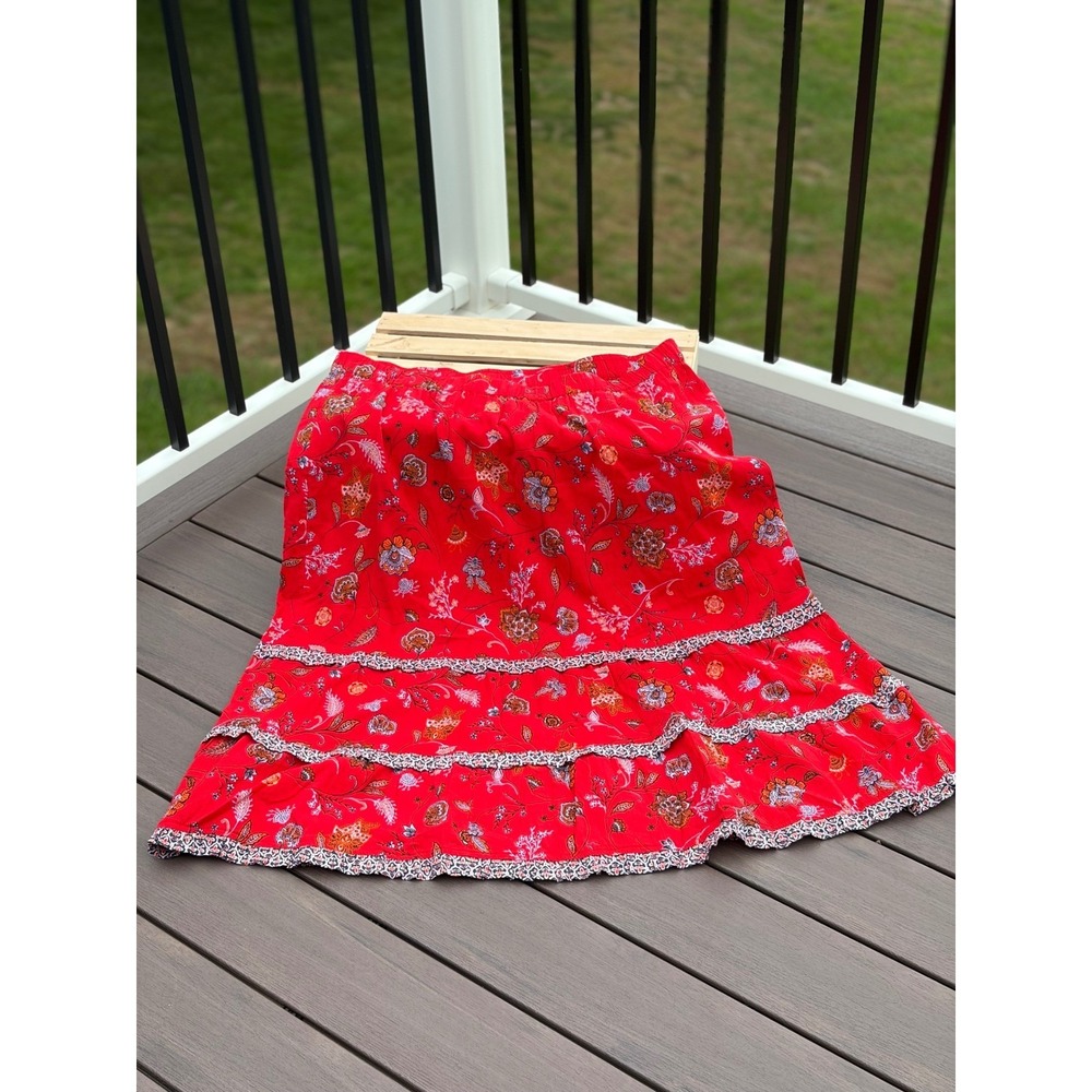 J Jill Skirt Womens 2X Red Floral Tiered Cotton Boho Midi Maxi Lined